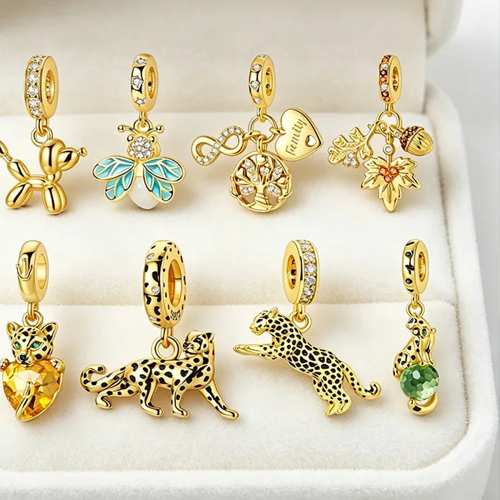 Authentic Dog Bee Tree Life Maple Acorn Gold Tone CZ Original Charm Silver Plated Bead Fit Bracelet Bag Keychain Diy Women Gift Accessory