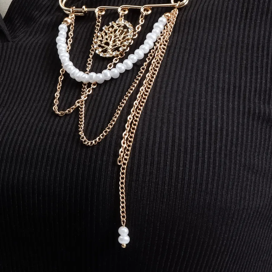 Authentic Retro Luxury Gold Color Tree of Life Fish Pendant Pearl Metal Chain Tassel Brooch for Men Women Pin Corsage Jewelry Accessories