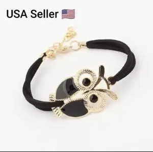 Authentic Retro Owl Totem Bracelet Leather Cord Gold-Plated Jewelry