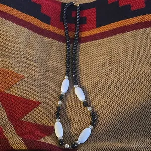 Authentic Black White Beaded Necklace Gold Plated Ball Chain Spring Ring Clasp No Stone