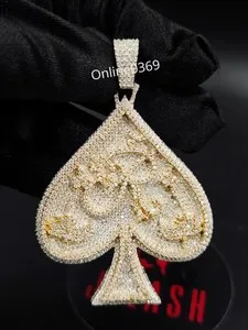 Authentic Men's Real Moissanite Custom R Letter in Spade Pendant Yellow Gold Plated Silver