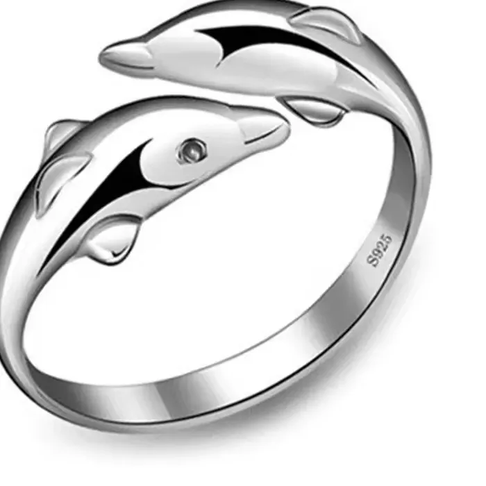 Authentic 925 Sterling Silver Jewelry Open Happy Double Dolphin Love Rings Adjustable Ring