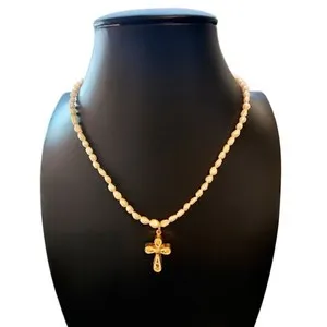 Authentic Vintage Rice Pearl Necklace Micro Mosaic Cross Pendant Gold Plated GSILVER 17 In