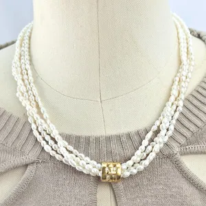 Authentic Vintage Napier 4 Strand Rice Pearl 16-18" Necklace Gold Plated Slide Pendant