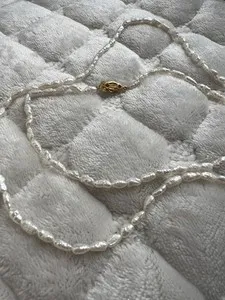 Authentic White Rice Pearl Beaded Necklace Yellow Gold Plated Silver Fishhook Signed