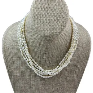 Authentic Freshwater Multistrand Rice Pearl Gold Bead Gold Plated 925 Silver Necklace