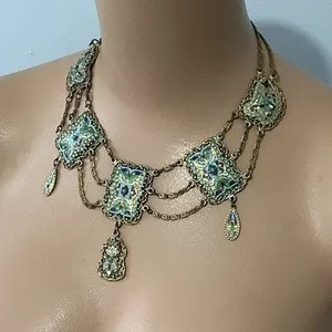 Authentic Vintage Rice Weiner Signed Persian Craft Antique Enamel Gold Plated Necklace