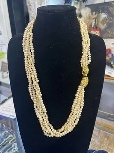 Authentic Vntg Signed Les Bernard 5 Strand Faux Rice Pearl Necklace w/ Gold Plated Lions