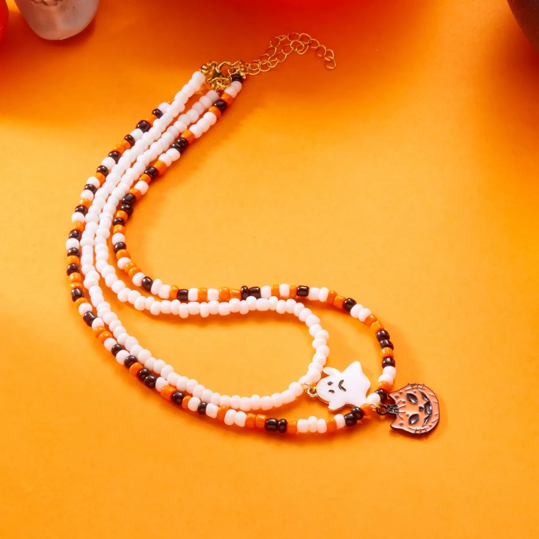 Authentic Halloween Necklace Enamel Pumpkin Cat White Ghost Pendant Rice Beaded Double Layer Choker For Women Men Jewelry Punk Gothic