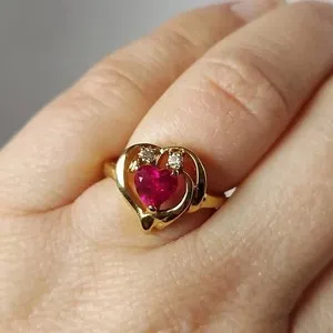 Authentic Heart Cut Lab Created Ruby Valentines Day Ring Women 14K Yellow Gold Plated