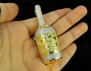 Authentic 2Ct Lab Created Diamond Dipped Hennessey Bottle Pendant 14K Yellow Gold Plated