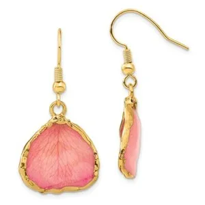 Authentic 35mm Lacquer Dipped Gold-Plated Trim Pink Rose Petal Dangle Earrings