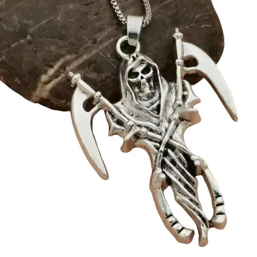 Authentic 10Pcs Men Gothic Death Grim Reaper Skull with Scythe Pendant Necklace