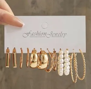 Authentic Jewelry Gold Plated Hoop, Stud & Dangle Earrings Set with Pearls