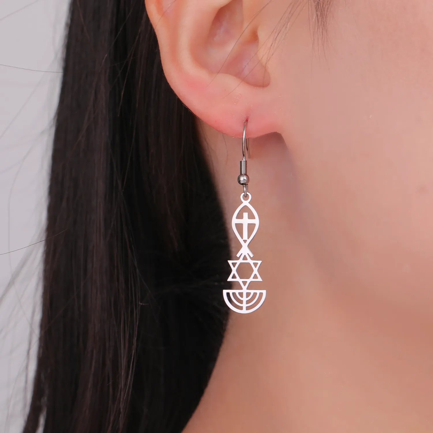 Authentic Jesus Fish Cross Charm Jewish Star of David Dangle Earrings Menorah Candle Holder Hoop Earring Jewelry