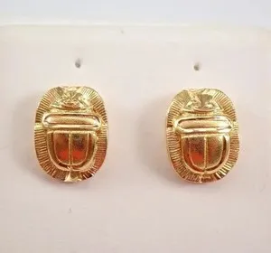 Authentic Scarab Stud Earrings Vintage 14K Yellow Gold Plated Unique Bug Insect Beetle