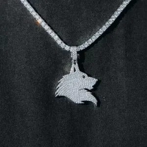 Authentic 2.50 Ct Round Cut Real Moissanite Wolf Men's Charm Pendant 14K White Gold Plated