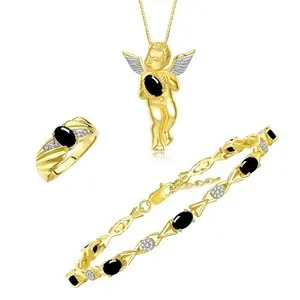 Authentic Celestial Guardian Angel Amulet – Gold‑Plated Silver Cabochon with Onyx & Diamond (Size 5‑10)