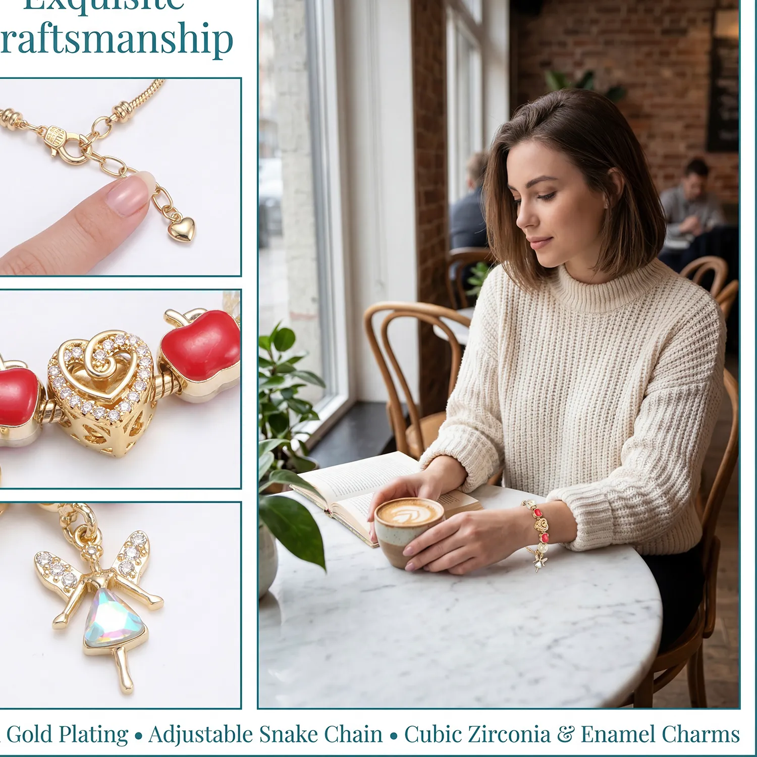 Authentic Golden Adjustable Bracelet with Synthetic Zircon Heart, Apple & Fairy Charms for Women Princess Jewelry