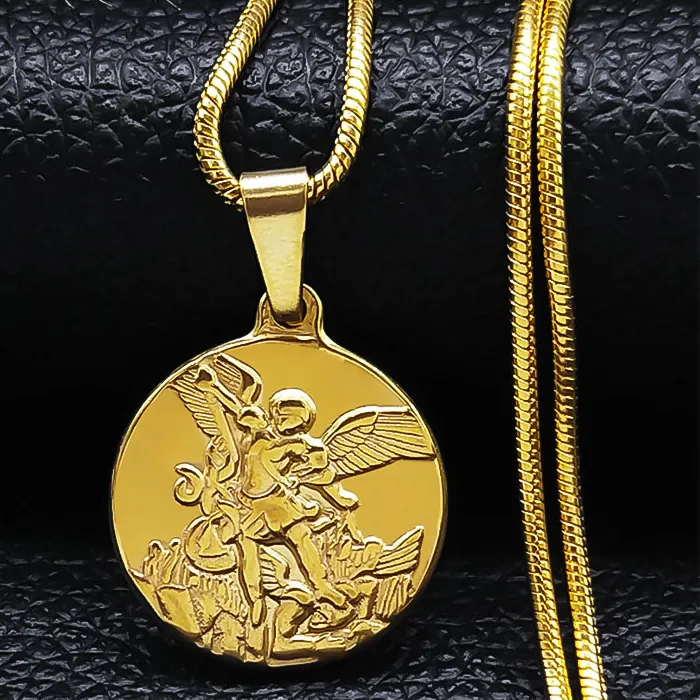 Authentic SAINT MICHAEL PROTECT US Archangel Stainless Steel Necklaces Chain Men/Women Gold Color Choker Necklace Jewelry joyas NHH32