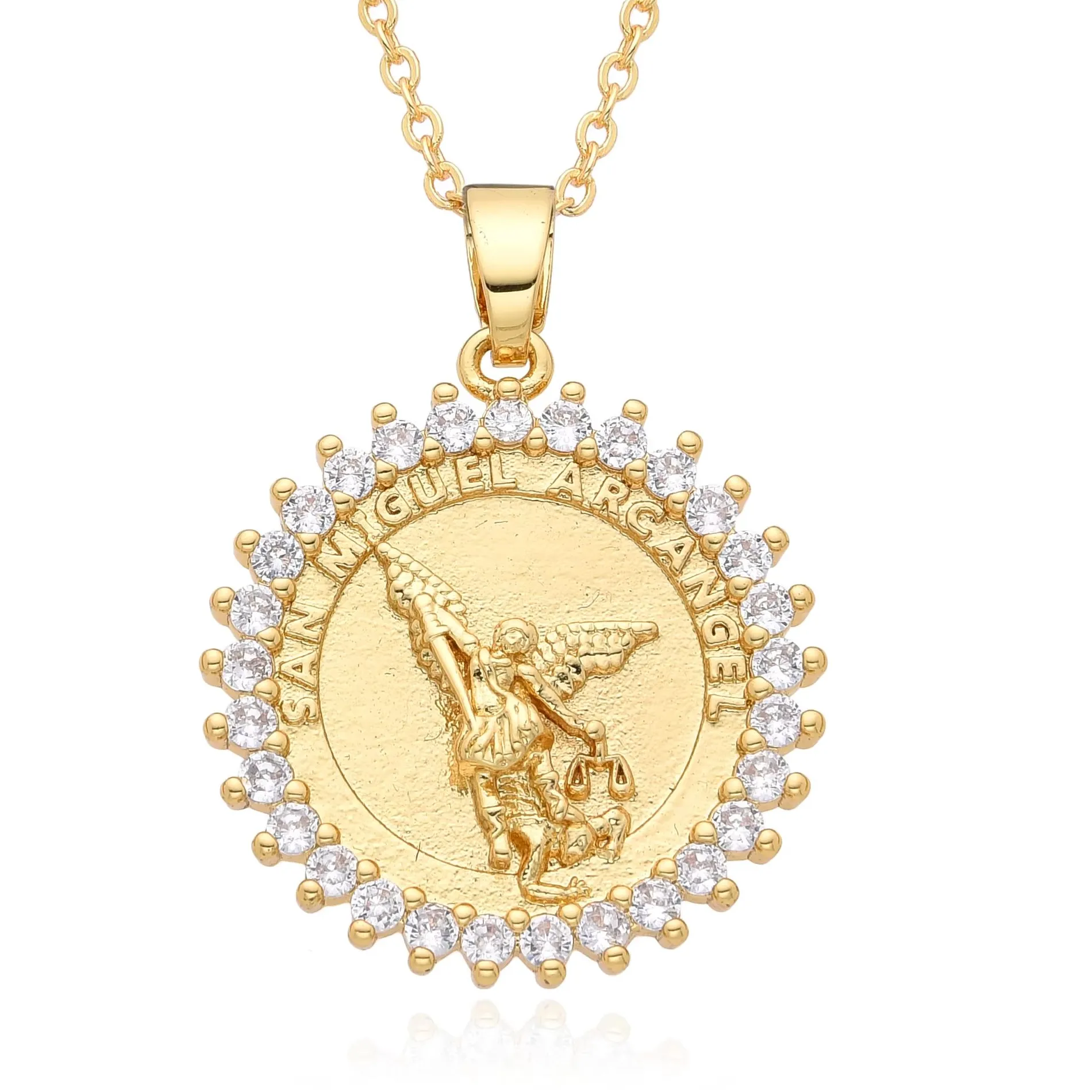 Authentic Gold Plated Archangel St. Michael Oval Hollow Pendant Shell Edge San Miguel Arcangel Medal Necklace Catholic Jewelry Charms
