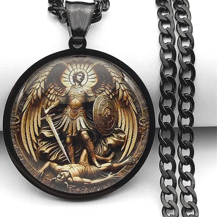 Authentic Saint Michael Protect Us Archangel Round Glass Medal Pendant Necklace Gold Color Chain Jewelry