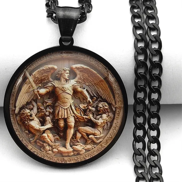 Authentic SAINT MICHAEL PROTECT US Archangel Stainless Steel Glass Medal Necklaces Chain Men Women Gold Color Necklace Amulet Jewelry