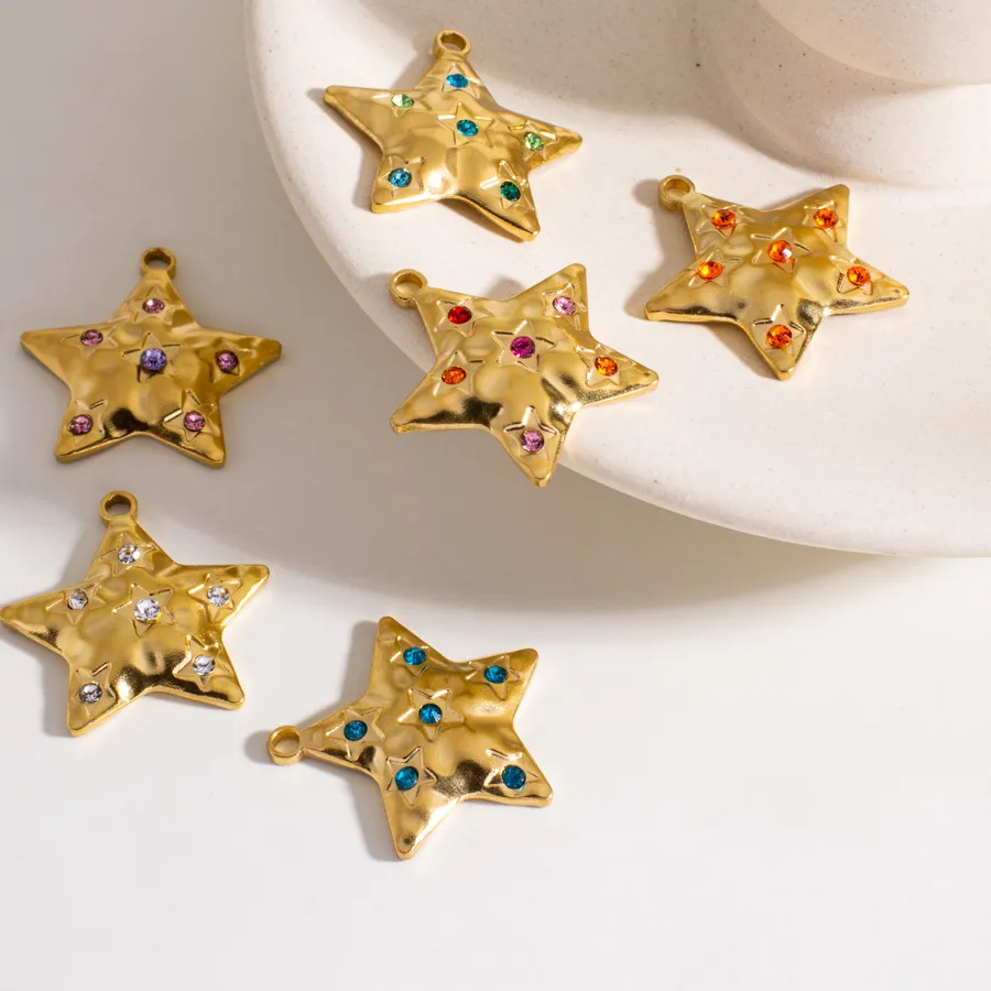 Authentic Fashion Colorful Inlay Zircon Star Pentagram Pendant Necklace Stainless Steel Gold PVD Plated Necklace for Women Jewelry