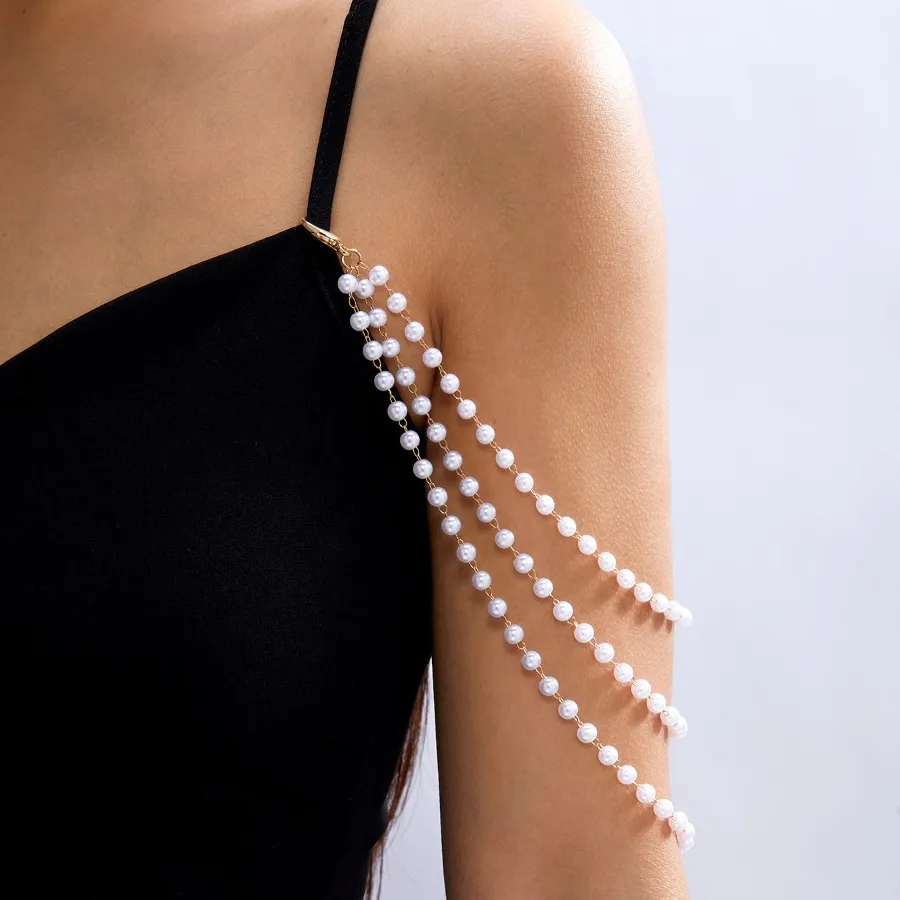 Authentic Retro Sexy Women Body Chain Multilayer Imitation Pearl Shoulder Chain Pearl Rice Beads Sweater Long Chain Body Jewelry