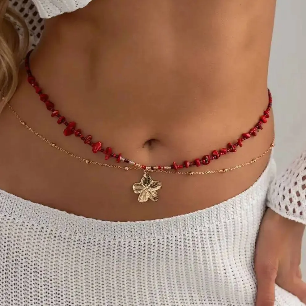 Authentic KunJoe Bohemia Summer Handmade Rice Beaded Waist Bead Women Metal Flower Belly Chain Sexy Bikini Body Chain Jewelry