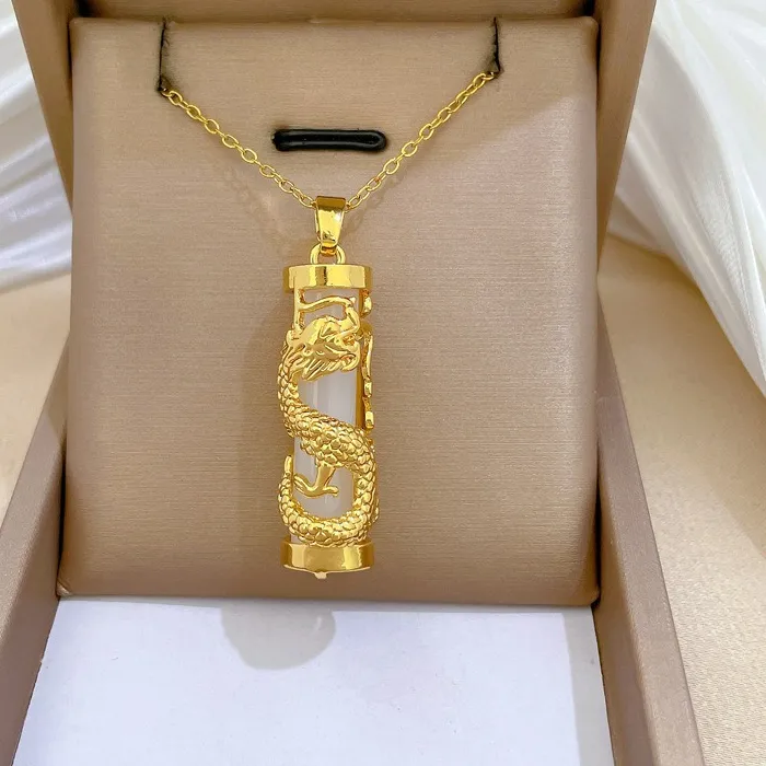 Authentic Gold White Jade Inlaid dragon pillar Pendant Necklace Fake Jadeite Chalcedony Amulet Charm Jewelry Gifts for Women Her