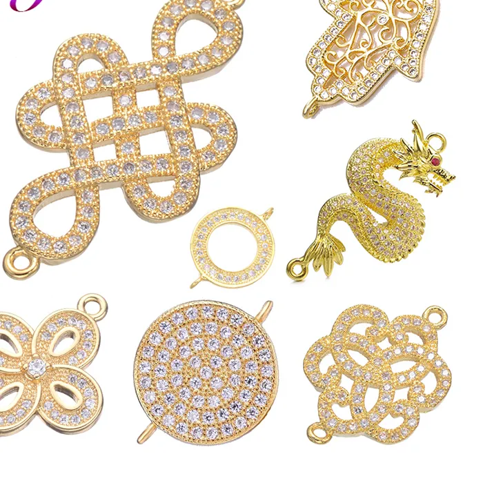 Authentic Juya Handmade 18K Gold Plated Cz Peaceful Knot Dragon Hamsa Rose Flower Connector Charms For DIY Women Jewelry Making
