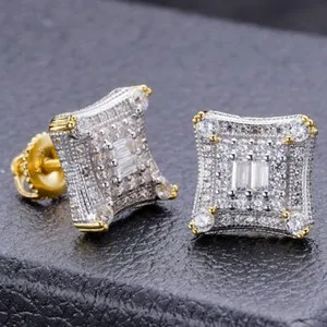 Authentic 14k Gold Plated Real Hip Hop Men's Earrings Large Square Kite Baguette Iced CZ