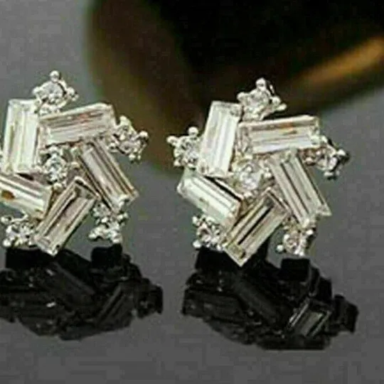 Authentic 2Ct Baguette Cut Lab-Created Diamond 14K White Gold Plated Cluster Stud Earrings