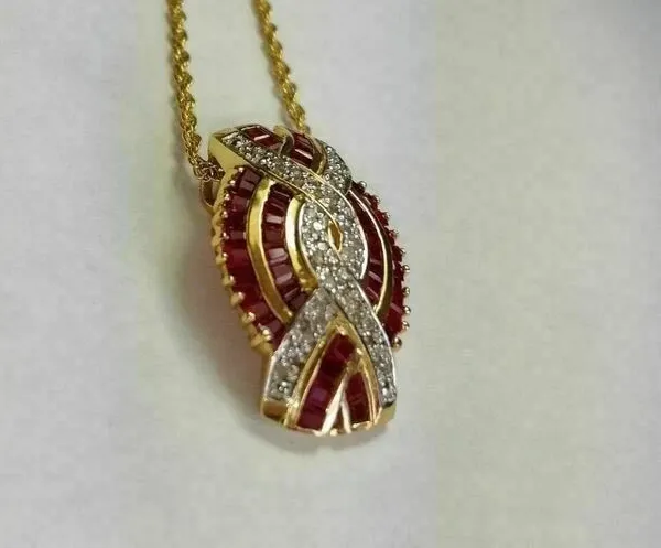 Authentic Crisscross Women Pendant Baguette Cut Lab-Created Ruby in 14K Yellow Gold Plated