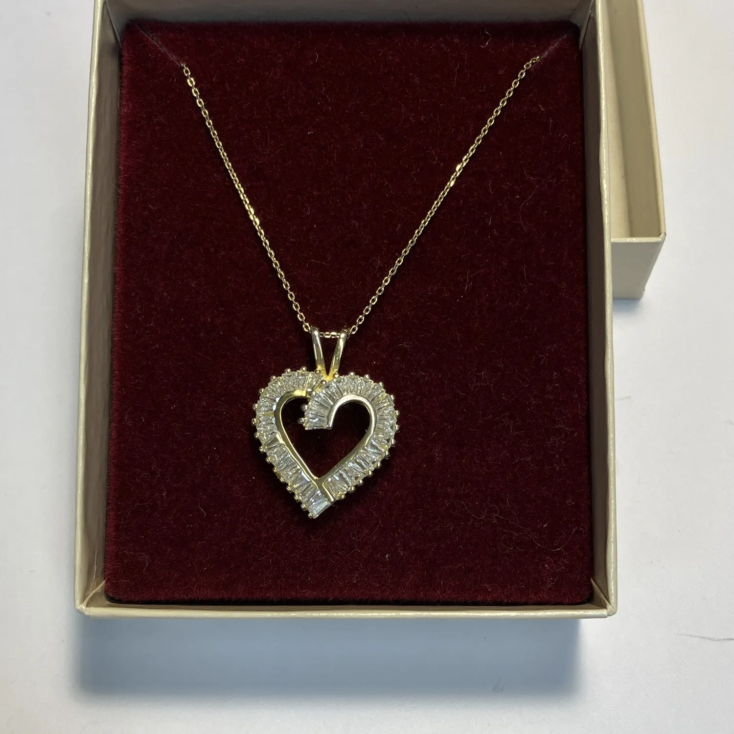 Authentic 925 Yellow Gold Plated CZ Heart Pendant Necklace White Baguette Cable Chain