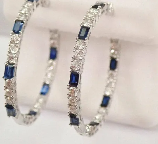 Authentic 2Ct Baguette Lab Created Sapphire Huggie/Hoop Earrings 14k White Gold Plated