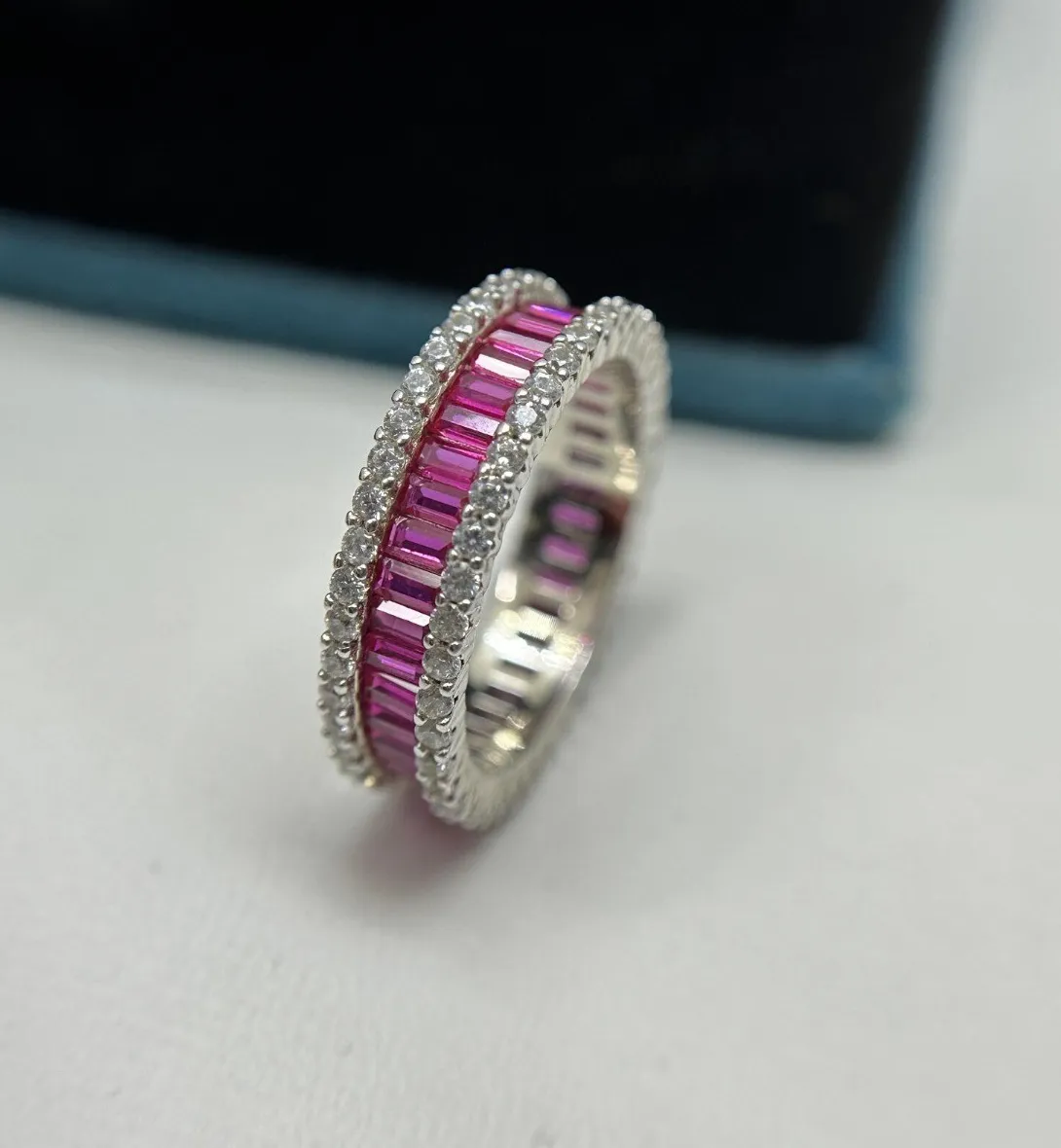 Authentic Enchanted Pink Sapphire Union Band – 2 Ct Lab‑Created Baguette, White‑Gold Shield