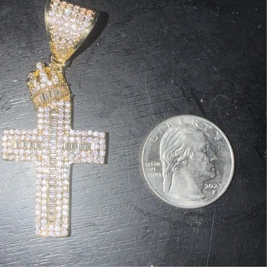 Authentic Gold Tone Yellow Gold Plated Cross Charm Pendant Pavé Baguette Sim Diamonds