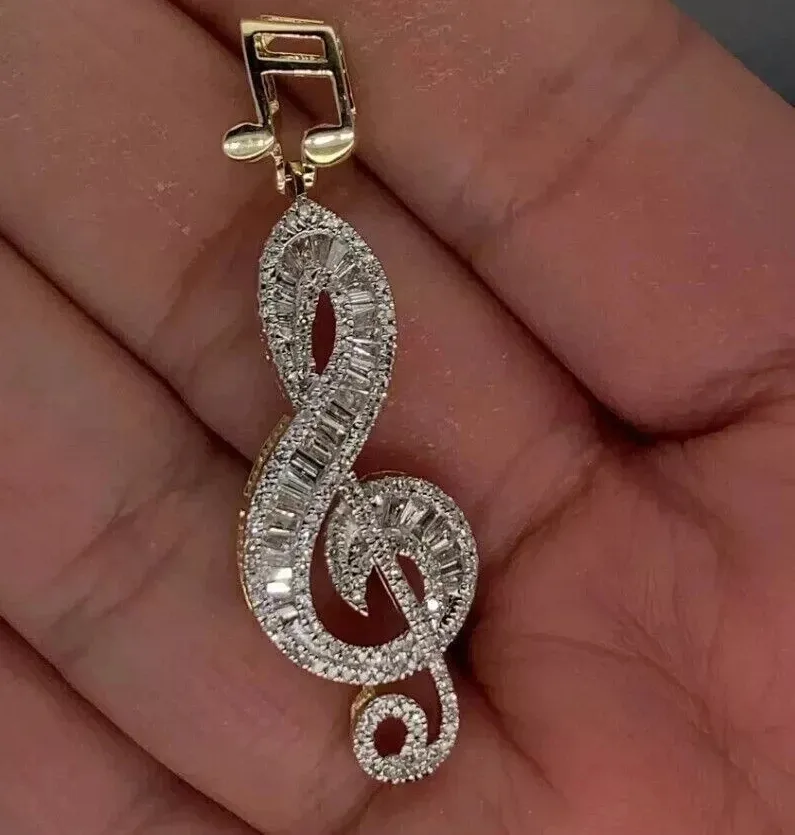 Authentic Baguette Simulated Diamond 2Ct Music Note Pendant Necklace 14KYellow Gold Plated
