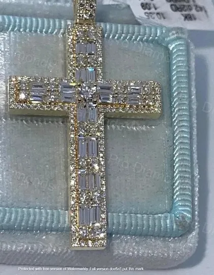 Authentic 925 SILVER Real Moissanite 2C Baguette Cut Cross Pendant 14K Yellow Gold Plated