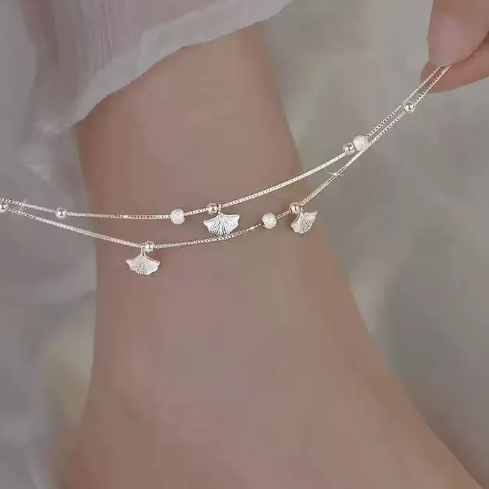Authentic Silver Plated Ginkgo Leaf Double Layered Ankle Classic Jewelry Light Advanced Accessories