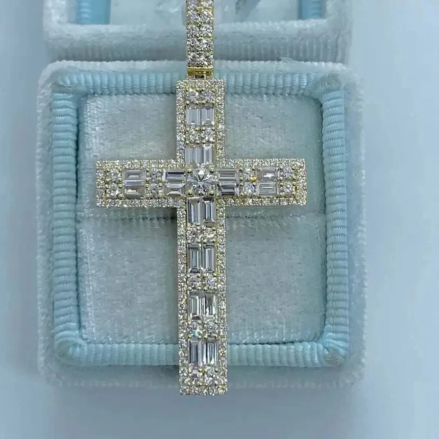 Authentic 3Ct Baguette Cut VVS1 Diamond New Cross Pendant 14K Yellow Gold Plated FreeChain