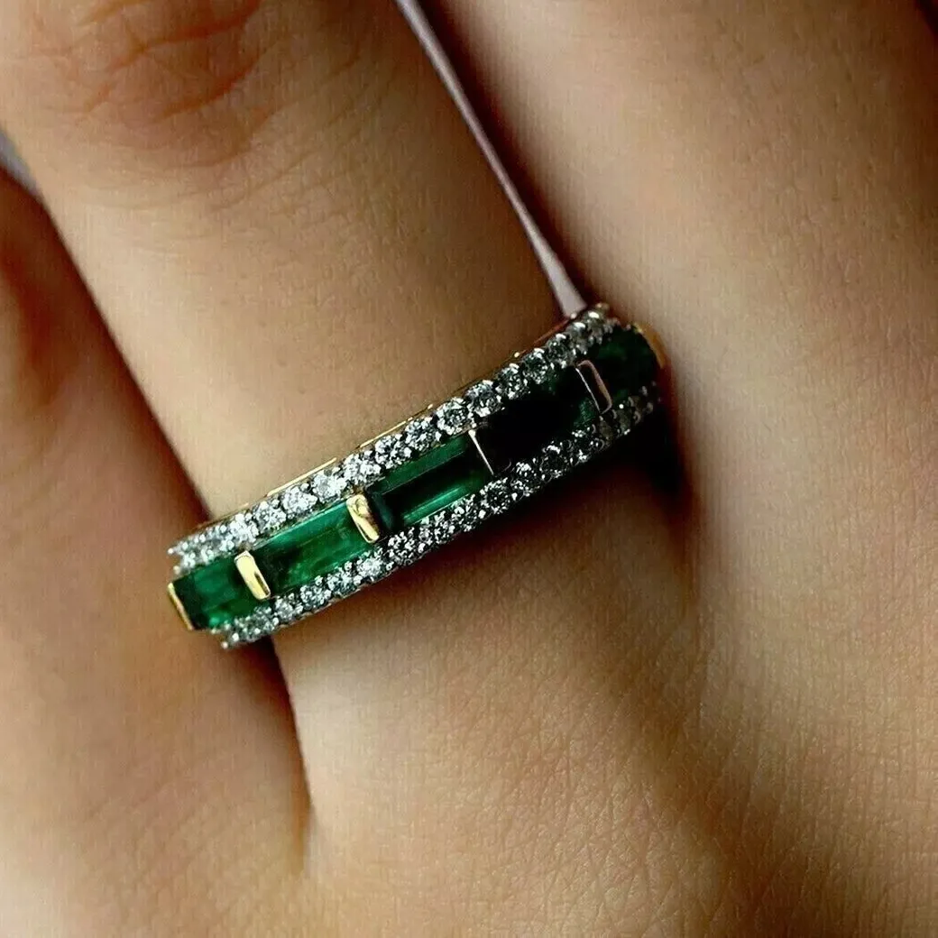 Authentic 2.5 Ct Baguette Created Green Emerald Stack Eternity Band 14K Yellow Gold Plated