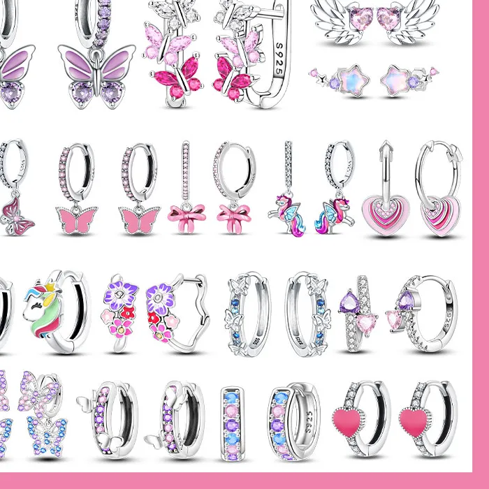 Authentic Enchanted Pink Whisper Earrings – Silver Unicorn, Butterfly & Tulip Geometry