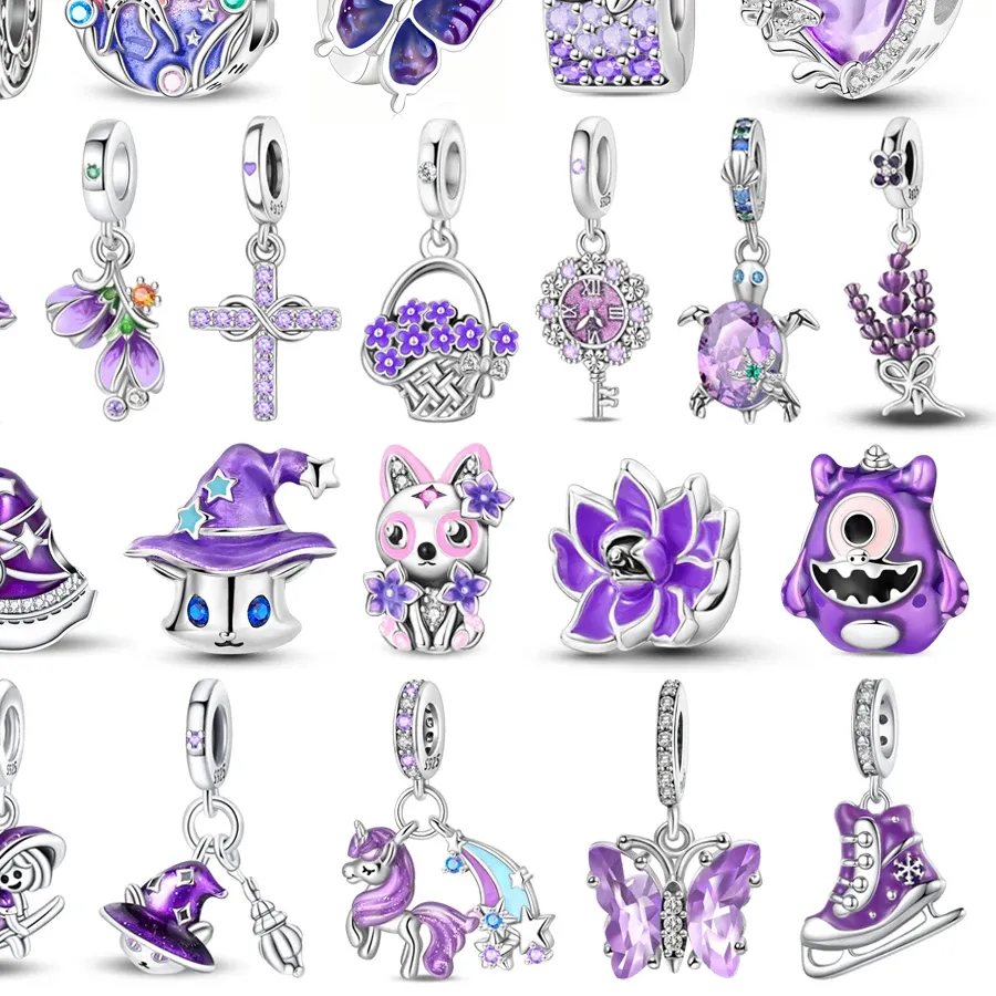 Authentic 925 Sterling Silver Inlaid Heart-Shaped Beads & Rose Dangle Charm Fit Snake Bracelet Boutique Necklace Purple Pendant