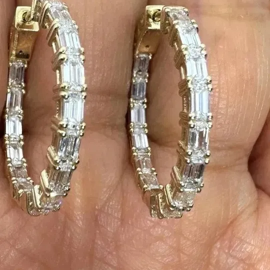 Authentic Ethereal Harmony: 14K Yellow Gold Plated Baguette Cut Diamond Hoop Earrings for the Soul