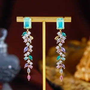 Authentic Enchanted Emerald Leaf Dangle – Gold‑Plated Crystal Earrings