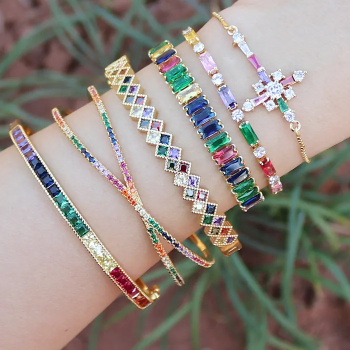 Authentic 18K Gold Plated baguette Cubic Zirconia Bracelet For Women Men Luxury Jewelry Rainbow CZ Tennis Gorgeous Trendy Bangle Girl Gift