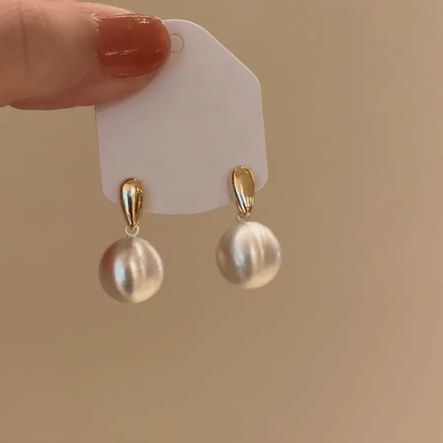 Authentic Brushed Metal Ball Pendant Earrings Matte Finish Geometric Shape Metal Earrings Imitation Pearl Contrasting Color Pearl Earrings